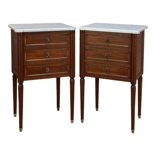 Pair Early 20th Century French Louis XVI Style Mahogany Marble Top Nightstands in the Manner of Maison Jansen For Sale