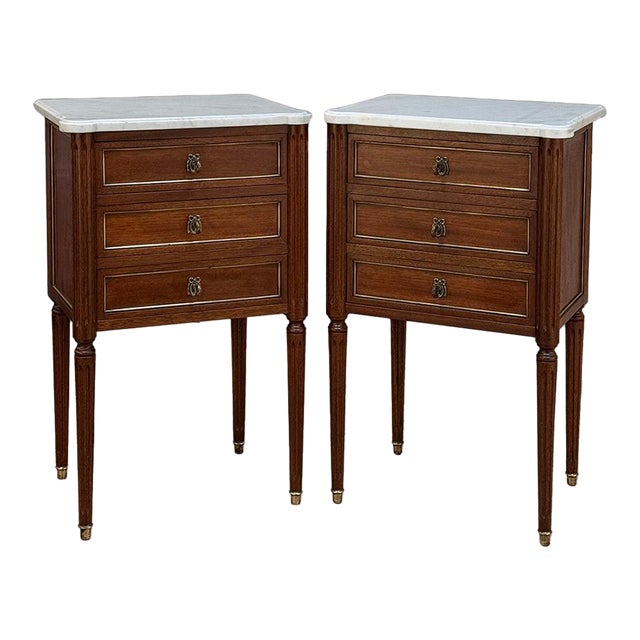 Pair Early 20th Century French Louis XVI Style Mahogany Marble Top Nightstands in the Manner of Maison Jansen For Sale