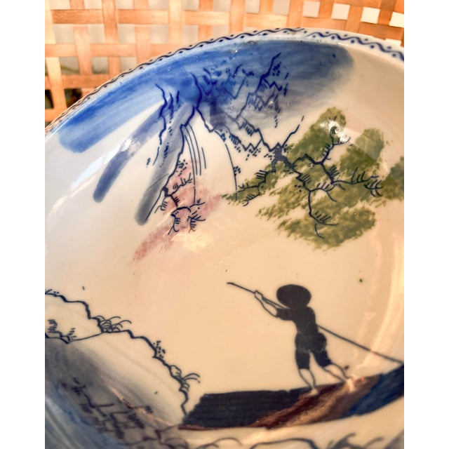Blue Antique Blue & White Hand-Painted Porcelain Bowl With Fisherman Scene For Sale - Image 8 of 10