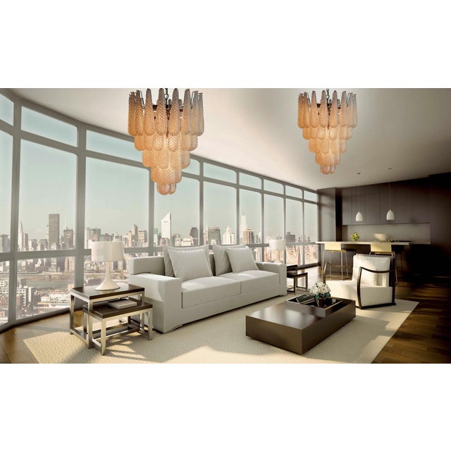 Pair Italian vintage Murano chandeliers made by 52 glass petals (transparent crystal, smooth outside, with crystal powder...