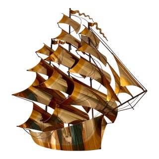 John DeMott Brutalist Metal and Brass Sailing Ship Wall Sculpture For Sale