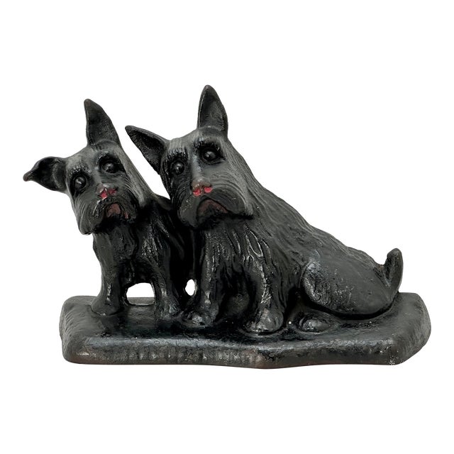 Vintage 1930s American Twin Scotties "Listen" Cast Iron Dog Doorstop Made for the Texaco Oil Co. For Sale