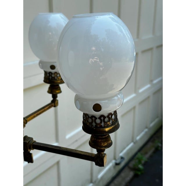Vintage Four Arm Brass Gas Fixture With Vintage Shades For Sale In New York - Image 6 of 12