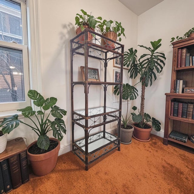 Vintage Rattan Bamboo Etagere With Glass Shelves, Coastal Palm Beach Regency, 74" For Sale - Image 4 of 13