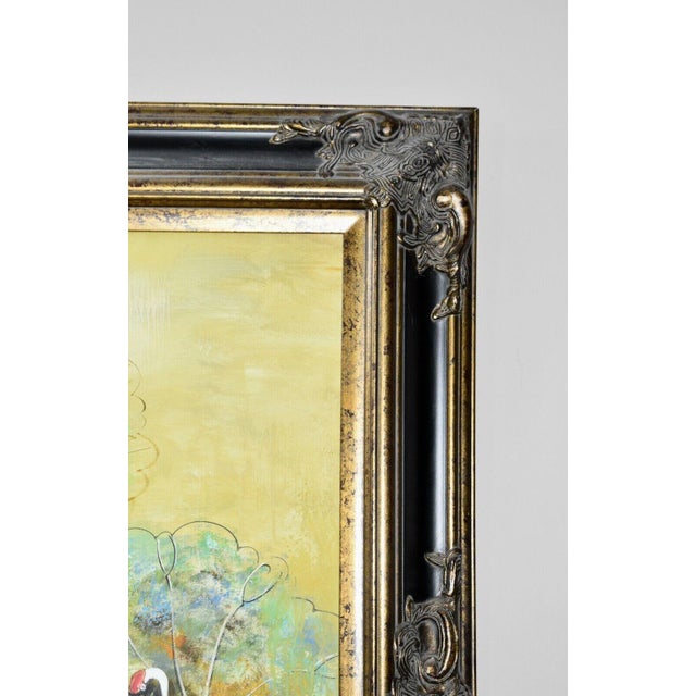 Transitional Vintage Large Heron Birds and Floral Oil Painting in Ornate Black/Gold Frame For Sale - Image 3 of 10