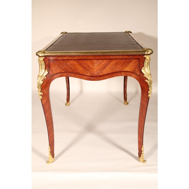 Antique Louis XV Style King Wood and Tulip Wood Bronze Mounted Leather Top Desk For Sale - Image 4 of 12