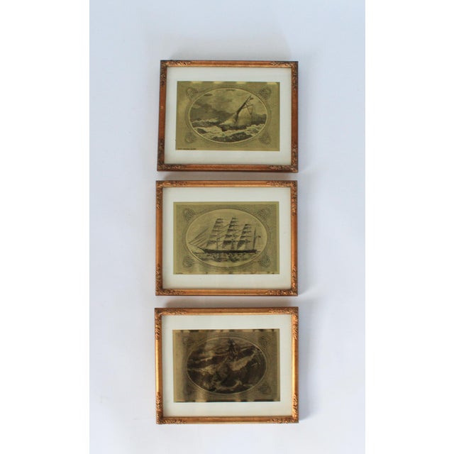 Nautical Vintage Nautical-Themed Gold Foil Ship Wall Hangings in Gilded Wood Frames S/3 For Sale - Image 3 of 14