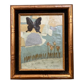 1970’s Original Abstract Collage/Painting Butterfly in Landscape Vintage Faux Bamboo Frame For Sale
