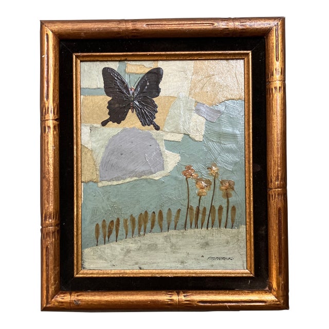 1970’s Original Abstract Collage/Painting Butterfly in Landscape Vintage Faux Bamboo Frame For Sale