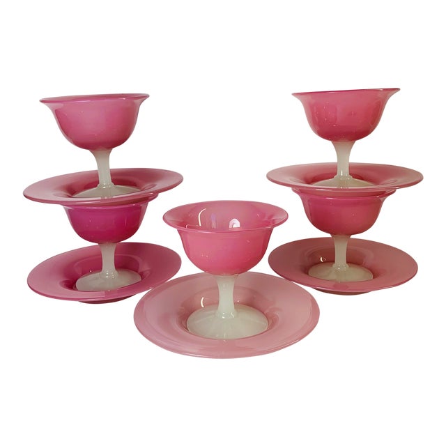 1920s Antique Steuben Carder Pink Rosaline Glass Goblets With Matching Plates - Set of 10 For Sale