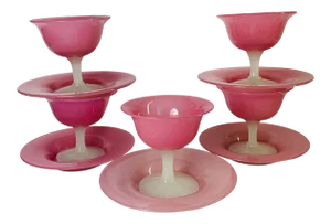 1920s Antique Steuben Carder Pink Rosaline Glass Goblets With Matching Plates - Set of 10