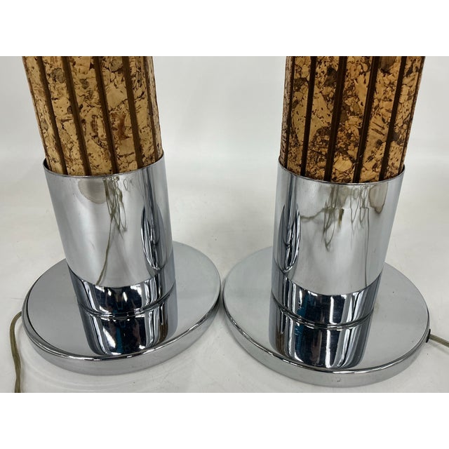 Wood Pair of Modernist Polished Chrome and Cork Table Lamps For Sale - Image 7 of 12