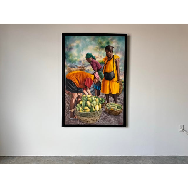 Abstract Large - 2019 “Fruit Market Vendors” Haitian Folk Art OilOn Canvas Painting by Horestal E. For Sale - Image 3 of 12