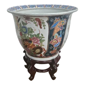 Mid Century Chinese Hand-Painted Porcelain Jardiniere on Hardwood Stand