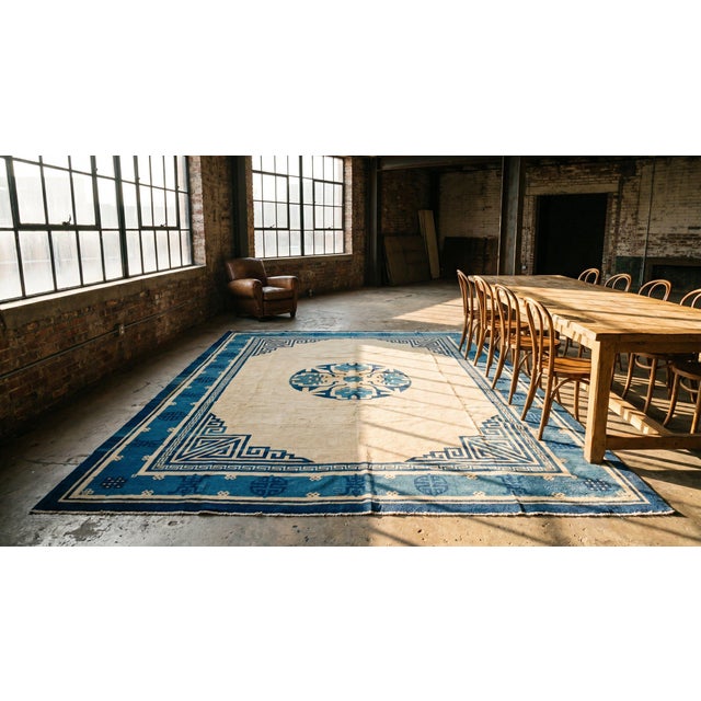 Beige Cute Beige Background and Blue Border Color Traditional Medallion Design Antique Chinese Peking Rug For Sale - Image 8 of 8