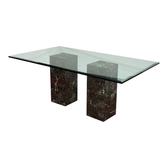 Vintage Faux Marble Bases + Glass Top Table For Sale
