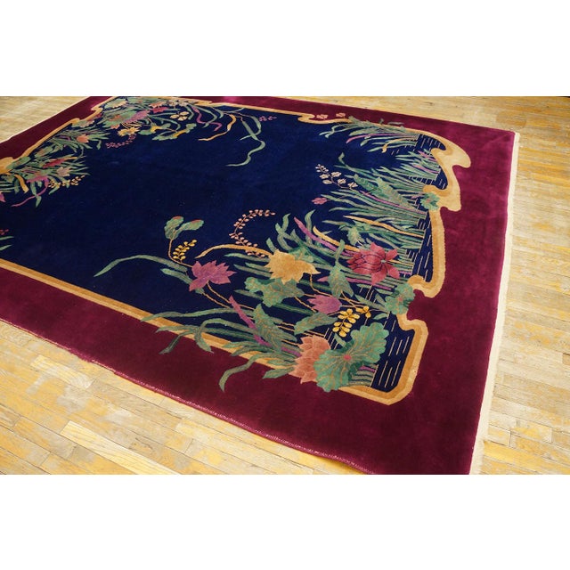 1920s Blue Navy Medallion Antique Chinese Art Deco Carpet 8' 9" X 11' 5" Knotted Wool Rug For Sale - Image 9 of 10