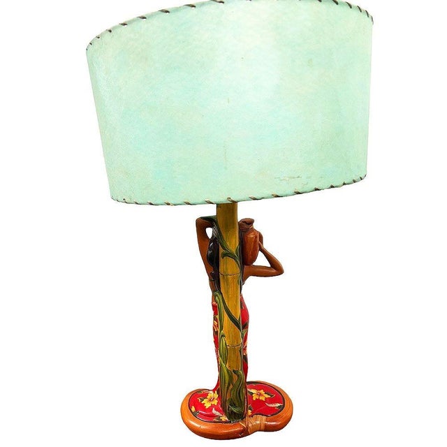 1950s Mid-Century Modern Hand Painted Hawaiian Hula Resin Table Lamp by Santana W/ Wipplestitch Shade For Sale - Image 4 of 10