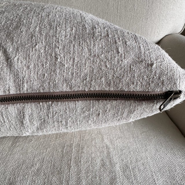 Pillow Made from Antique French White Grain Linen For Sale - Image 4 of 7