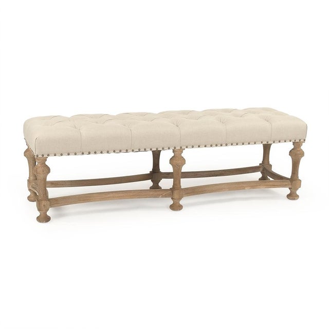 French Country Clair Tufted Bench in Natural Line with Turned Oak Legs For Sale - Image 3 of 3