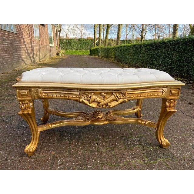 1950s French Vintage Off-White Leather Gilt Beech Bench For Sale - Image 11 of 16