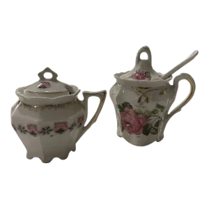 Antique Bavarian Sugar or Salt Bowls & Spoon- 3 Pieces