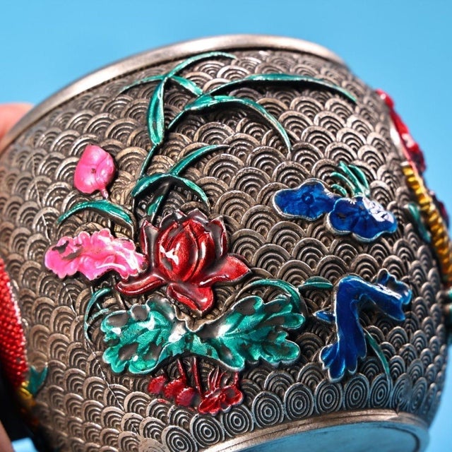 Vintage Silver and Enamel Lidded Jar With Koi Fish and Lotus Motif For Sale In Los Angeles - Image 6 of 9