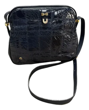 1980s High Quality Blue Leather and Brass Hardware Shoulder Bag by Zenith