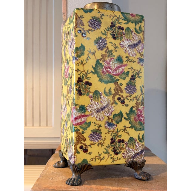 Vintage Set of 2 Large Yellow Gold Paw Footed Garden Urn Jars Brass Caps For Sale - Image 18 of 18