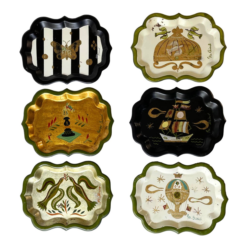 Set of 6 Georges Briard Small Trays – Hand Painted and Gilt 