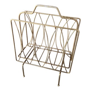Vintage Brass Magazine Rack With Mid-Century Modern Design Wire Frame For Sale