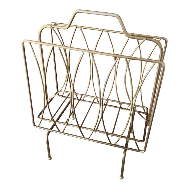 Vintage Brass Magazine Rack With Mid-Century Modern Design Wire Frame For Sale