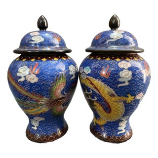 Mid 20th Century Set of 2 Oriental Cobalt Blue Cloisonné Lidded Ginger Jars For Sale