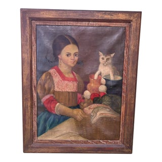 Horacio R. Rocha Painting of Girl With Cat 1940's For Sale