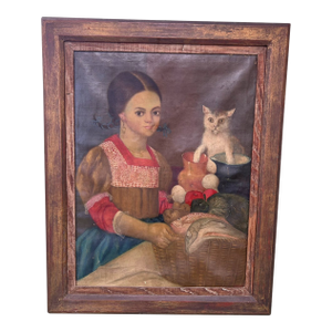 Horacio R. Rocha Painting of Girl With Cat 1940's