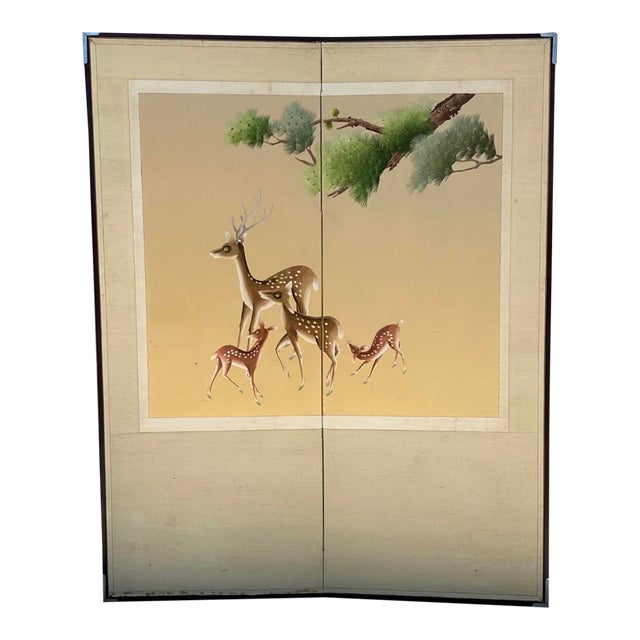 Antique Japanese Meiji Two-Panel Embroidered Silk Screen W/ Deer & Pine, C. 1880 For Sale