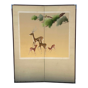 Antique Japanese Meiji Two-Panel Embroidered Silk Screen W/ Deer & Pine, C. 1880