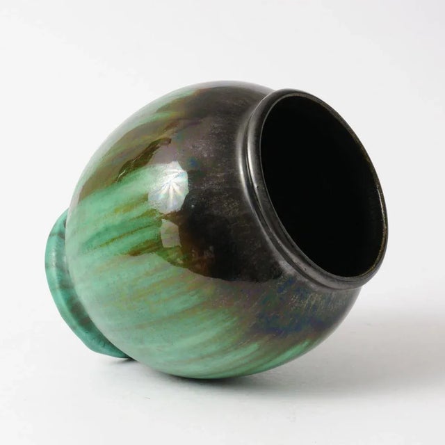 Antique Green Glazed Ceramic Vase from Faiencerie Thulin For Sale - Image 3 of 8