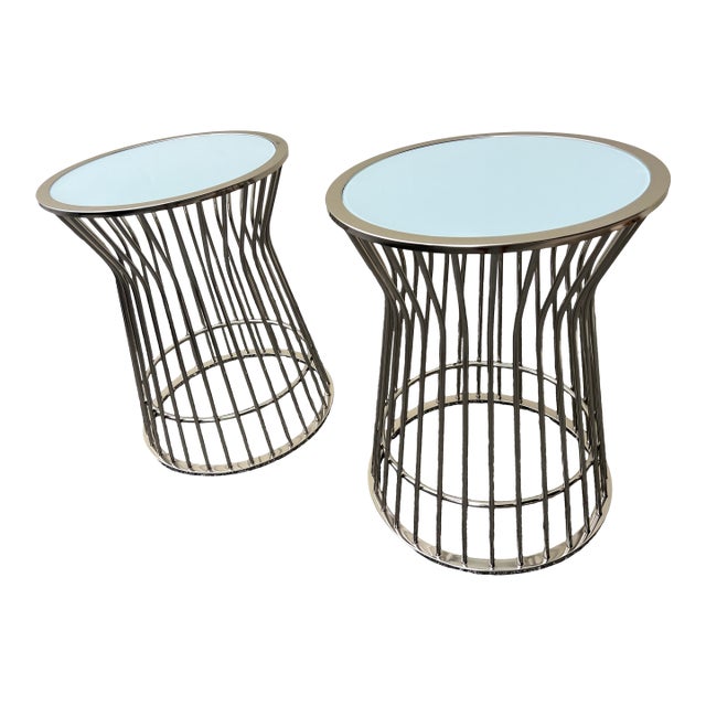 Metal Cage Side Tables White Frosted Glass Tops For Sale