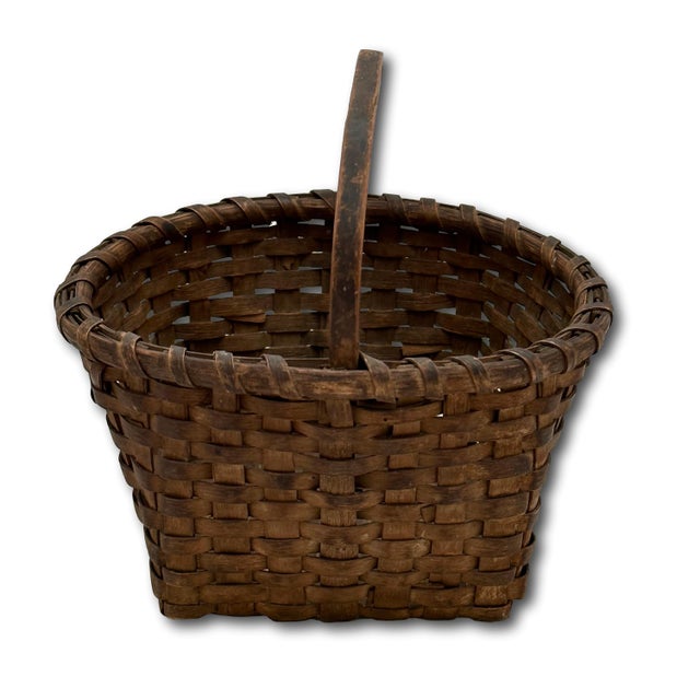 Excellent Small Size Antique New England American Hand Woven Ash Wood Splint Berry Gathering Basket For Sale - Image 11 of 18