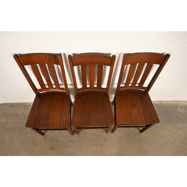 Limbert Style Antique Mission Oak Arts & Crafts Side Chairs or Dining Chairs, Set of Three For Sale In South Bend - Image 6 of 14