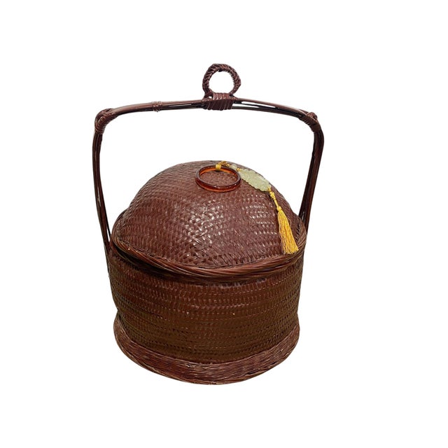 Vintage Chinoiserie Woven Wicker Storage Basket 17" For Sale - Image 4 of 6