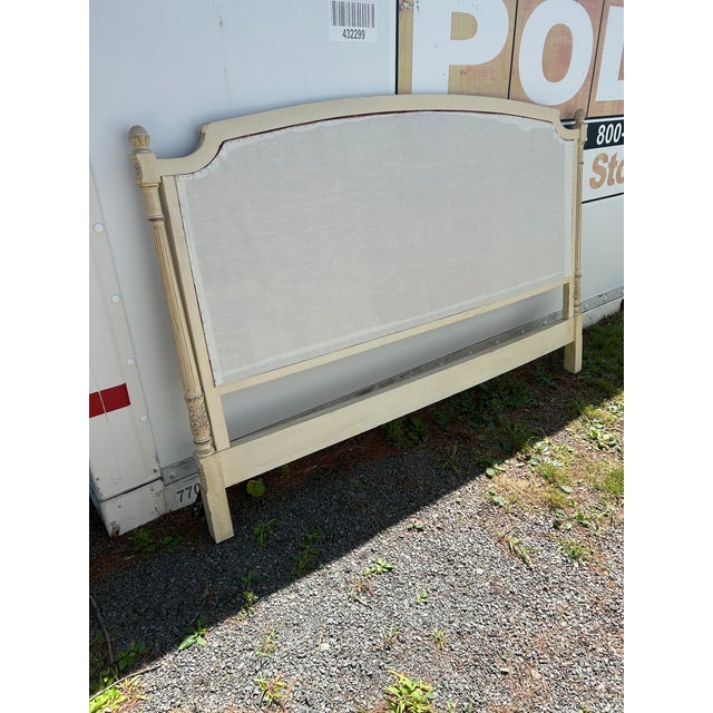 French Provincial Style Carved Wood King Headboard With Checked Fabric For Sale - Image 12 of 12