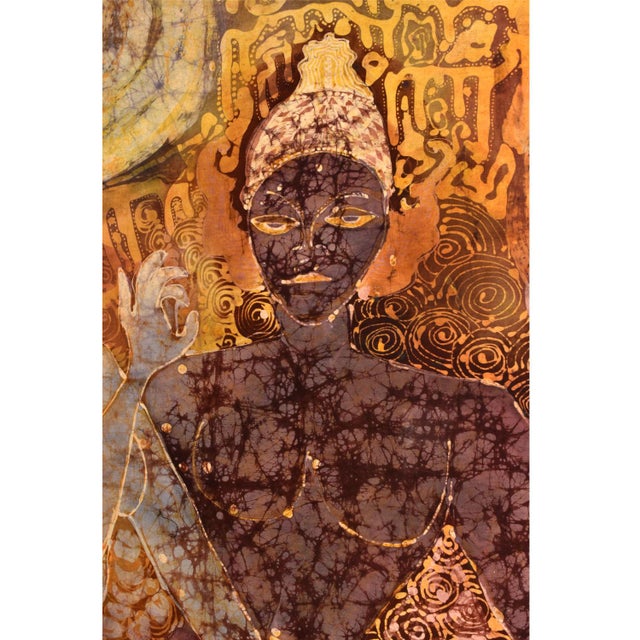 Figurative Square Indonesian Burnt Orange and Indigo Figural Batik in Silver Faux Bamboo Frame For Sale - Image 3 of 10