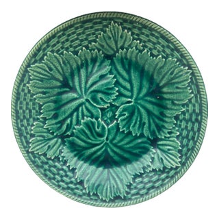 French Green Leaves Majolica Plate Salins, Circa 1890 For Sale