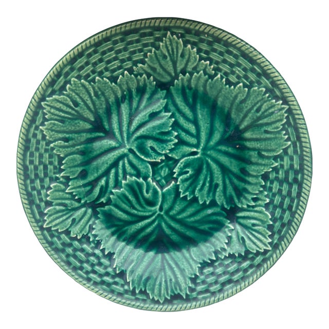 French Green Leaves Majolica Plate Salins, Circa 1890 For Sale