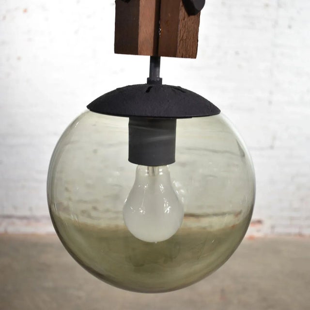 Mid 20th Century Mid Century Modern Brutalist Pendant Light Wood & Smoked Glass Globe Black Chain N O S For Sale - Image 5 of 13