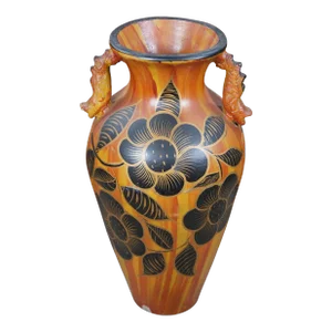 Vintage Terracotta Hand Painted Dragon & Floral Handled Floor Vase Jar Urn
