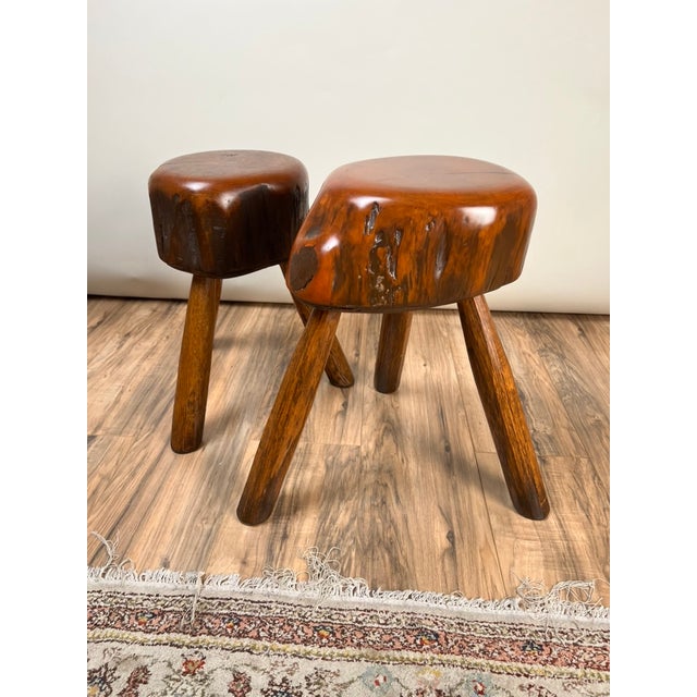 Pair Vintage Live Edge Wabi Sabi Cherry Stools Signed Neil Panyik For Sale - Image 4 of 9