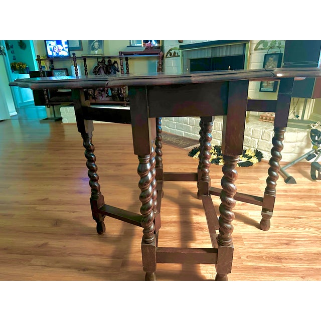 Wood Antique English Oval Drop Leaf Table GateLeg With Scalloped Top Barley Twist Legs For Sale - Image 7 of 12